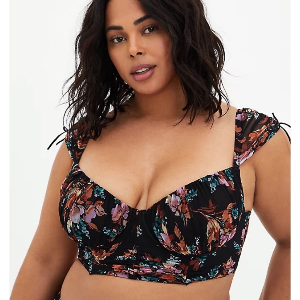 Torrid Black Floral Mesh Cap Sleeve Drawstring Longline Bralette NWT